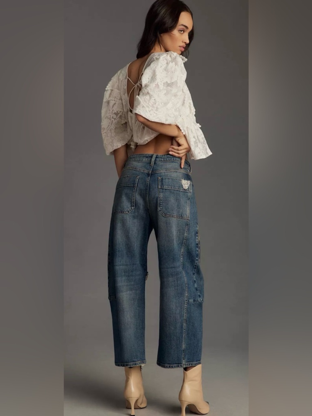 Pilcro Wide Leg Patchwork Jeans in Dark Blue with Multicolor Patches - Picture 3 of 9